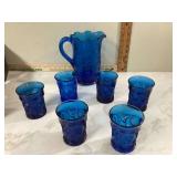 Upside down pitcher and glasses strawberry design royal blue Cambridge glassware