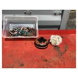 Glass dish with lid and beaded jewelry