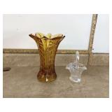 Large amber vase and Mosser glass basket