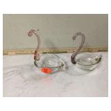Two glass swan dishes Hungarian-made