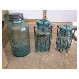 3 BLUE BALL JARS - GLASS