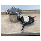 Two stainless steel frying pans omelet pan and double boiler