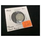 1867 THREE CENT PIECE - COINS CURRENCY