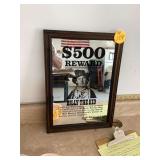 Framed Billy the Kid poster $500 reward made in England