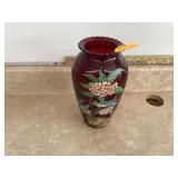 Royal Ruby Glass Vase with Bird and Blossom Overlay