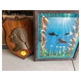 Antique metal Washington bust and ocean art in frame