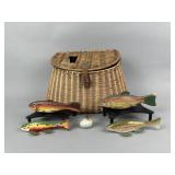 4 Fish Spearing Decoys & Creel