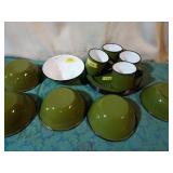 Green/white enamel dishes.