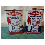 Vintage metal Penn-Rad charcoal lighter cans.