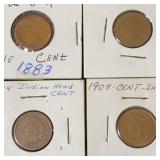 1883, 1893, 1894 & 1907 Indian Head Cent Pieces