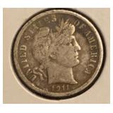 1911-S Barber Silver Dime VF