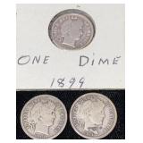 1899-O 1911 & 1914-D Barber Silver Dimes
