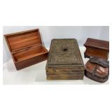 Antique Wood Carved Jewelry Boxes & Leather Pouch