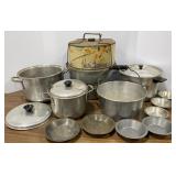 Vtg Aluminum Stock Pots & Tin Covered Cake