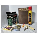 Camp Shower, rain poncho, matches