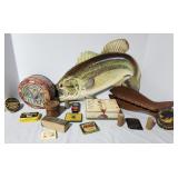 Advertising tins, fishing decor,