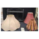 Three Vintage Lampshades and Wooden Shelf