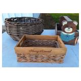 Wicker Basket, Harry & David Crate, Wood Bear