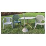Patio Table, Umbrella Stand & Plastic Chairs