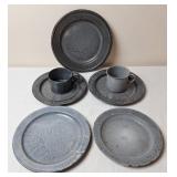 Gray Graniteware Plates, Cups & Saucers