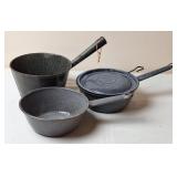 3 Gray Graniteware Saucepans