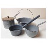 Gray Graniteware Saucepans & Kettle w/Wire Bail