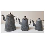 3 Gray Graniteware Coffee Pots