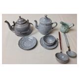 Miniature Gray Graniteware Tea Kettle Ladles &