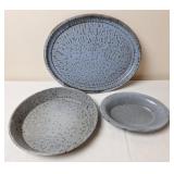 Gray Graniteware Tray, Oval Dish & Round Pan