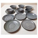 Gray Mottled Graniteware Cups & Saucers