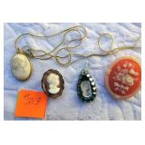 2 Cameo Brooches Necklace Pendant