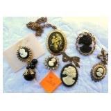 5 cameo Brooches & 1 Necklace