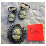 Blue Cameo Pendant & Clip On Earrings Set