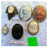 5 Cameo Brooches & 1 Pendant