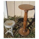 Oak Pedestal/Plant Stand and Metal Milk Stool