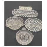 3 Vintage Glass Divided Relish Trays & 1 Juicer