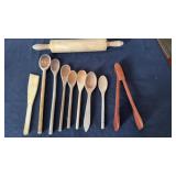 Early Rolling Pin, Wood Spoons, Tongs