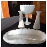 Milk Glass Compote, Vases and Serving Dish