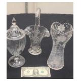 3 Vintage Etched Clear Glass Items