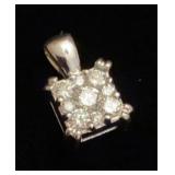 14K white gold square diamond cluster pendant