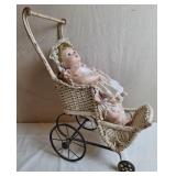 Antique Victorian Wicker Doll Stroller & Doll
