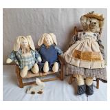 Stuffed Country Rabbits, Gardening Bear& Bench