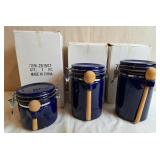 3 Cobalt Blue Canister Jars w/Wood Spoons