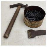 Tin of Square Head Nails & Tack Hammer