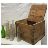 Antique Wooden Box of Bottles