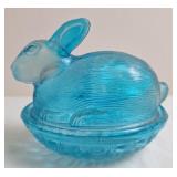 L.E. Smith Aqua Blue Bunny Rabbit On Nest Covered