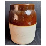 Brown Over Cream Stoneware Crock w/Lid, Vintage