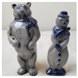 Rowe Pottery Works Stoneware Snowman & Bear Fiqure