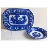 Flow Blue "Kyber" Platter & Serving Bowl, W.