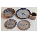 Blue Spongeware Stoneware Miniature Plates & Crock